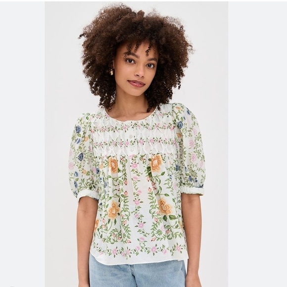 FARM Rio Tops - NWT Farm Rio Folk Floral Off-White Scoop Neck Short Sleeve Blouse Top